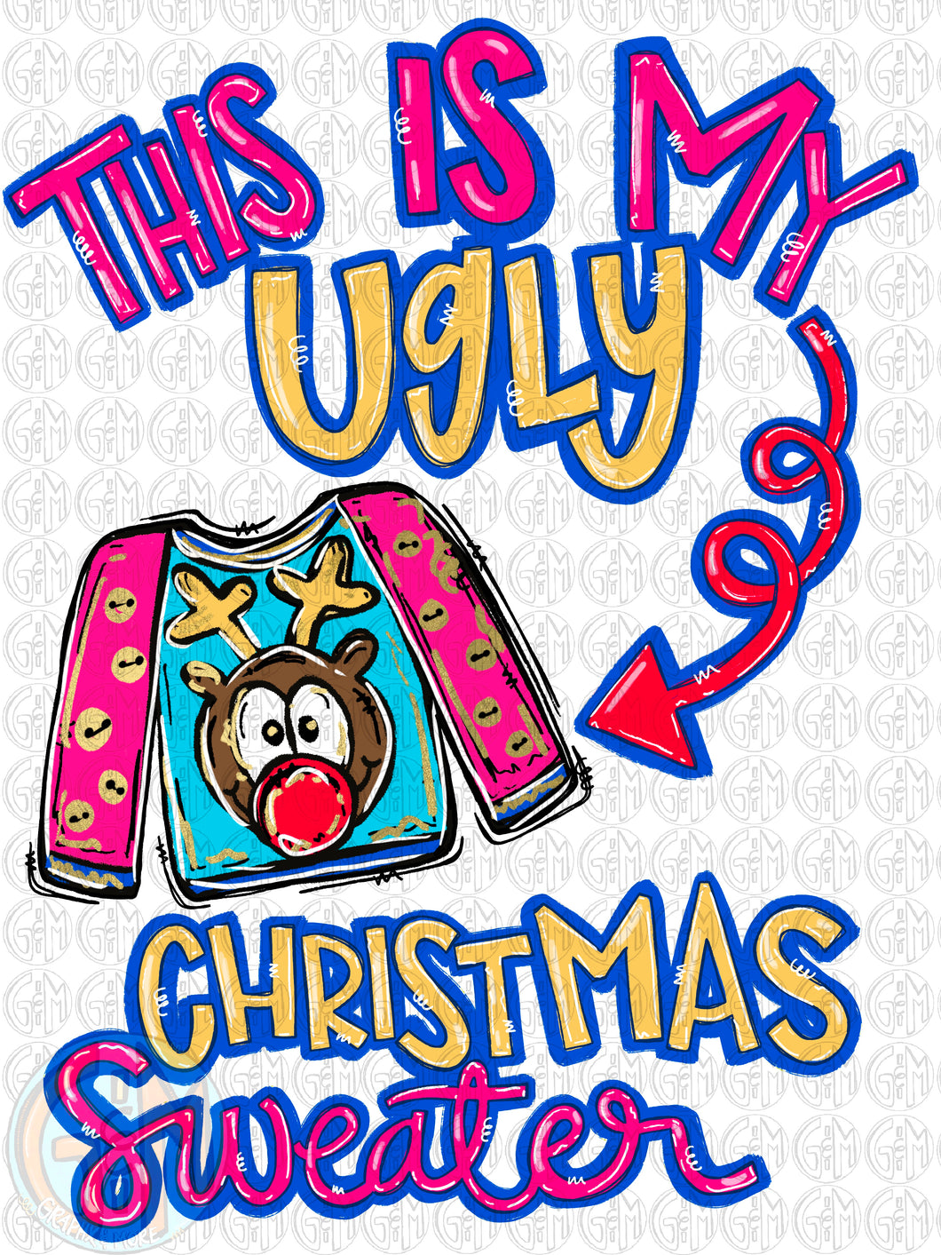 Reindeer Ugly PNG | Sublimation Design | Hand Drawn
