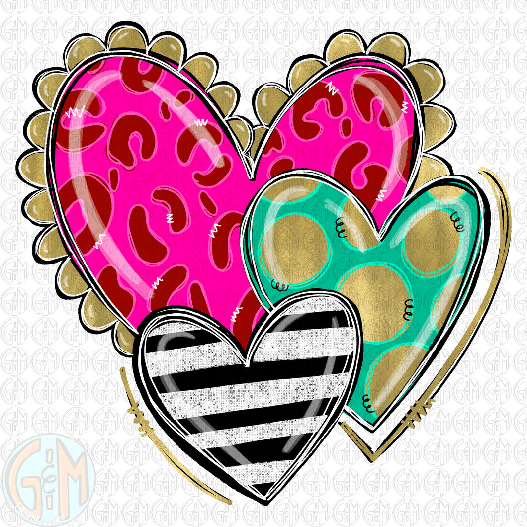 Bright Heart Trio PNG | Hand Drawn | Sublimation Design