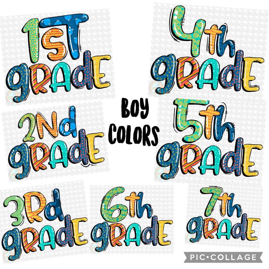 1st - 7th Grades Bundle PNG | Boy Colors | Sublimation Design | Hand Drawn