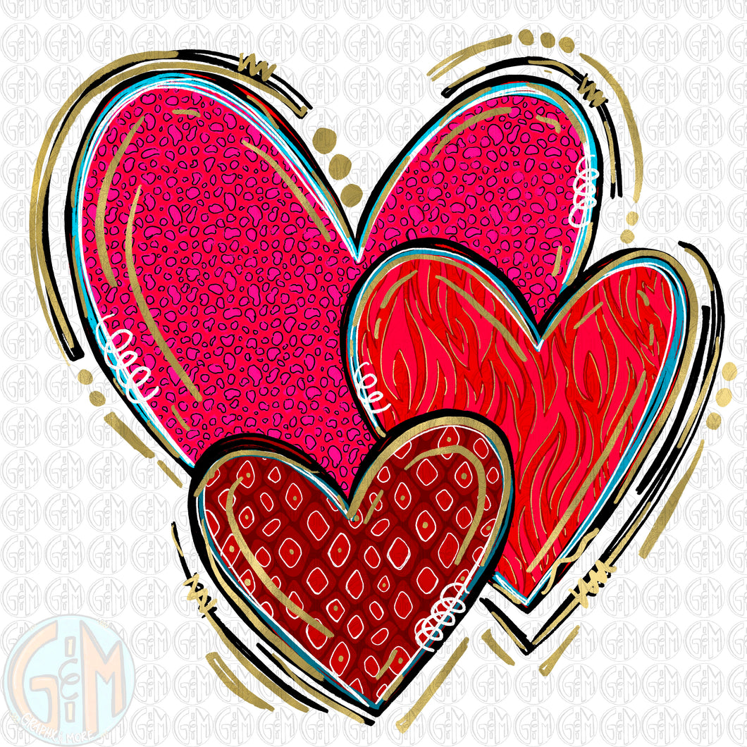 Red Heart Trio PNG | Hand Drawn | Sublimation Design