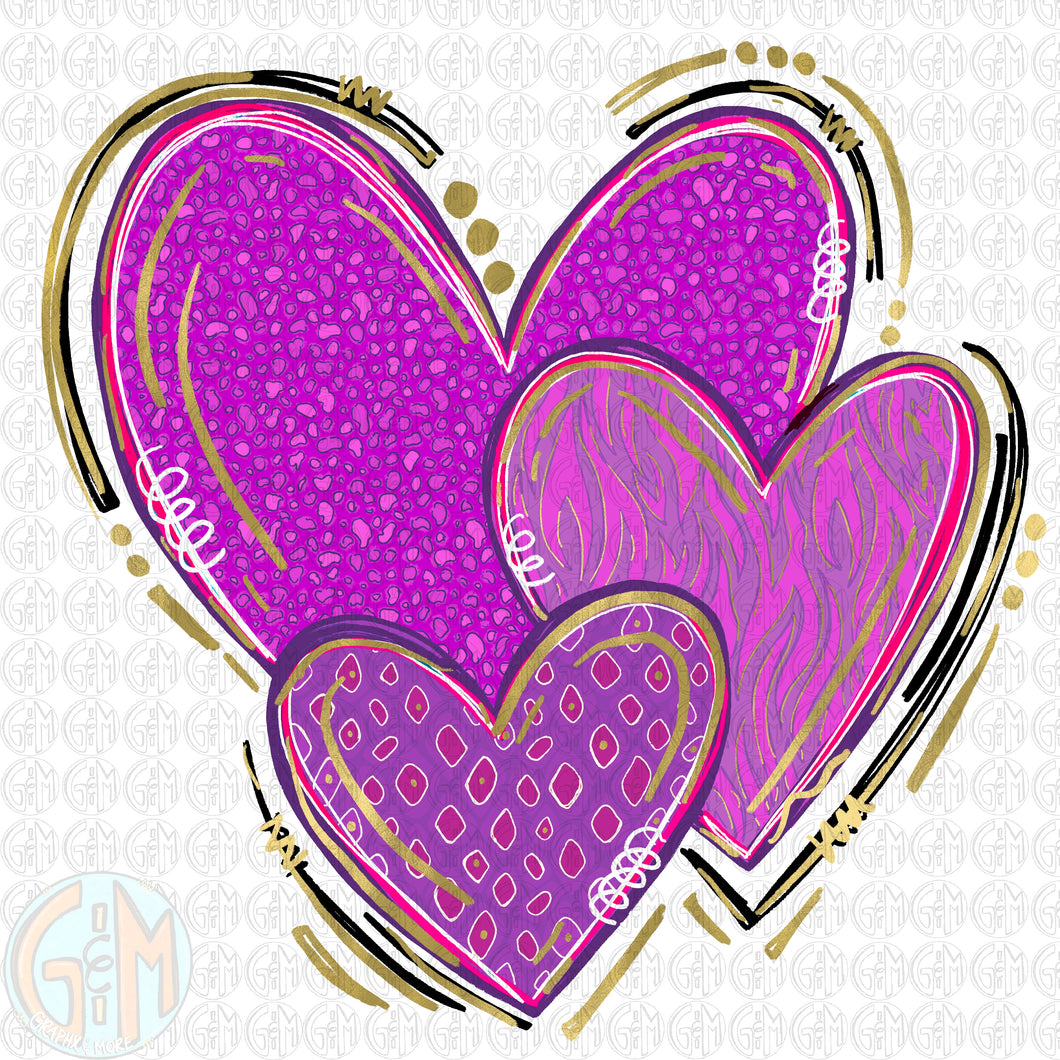 Purple Heart Trio PNG | Hand Drawn | Sublimation Design