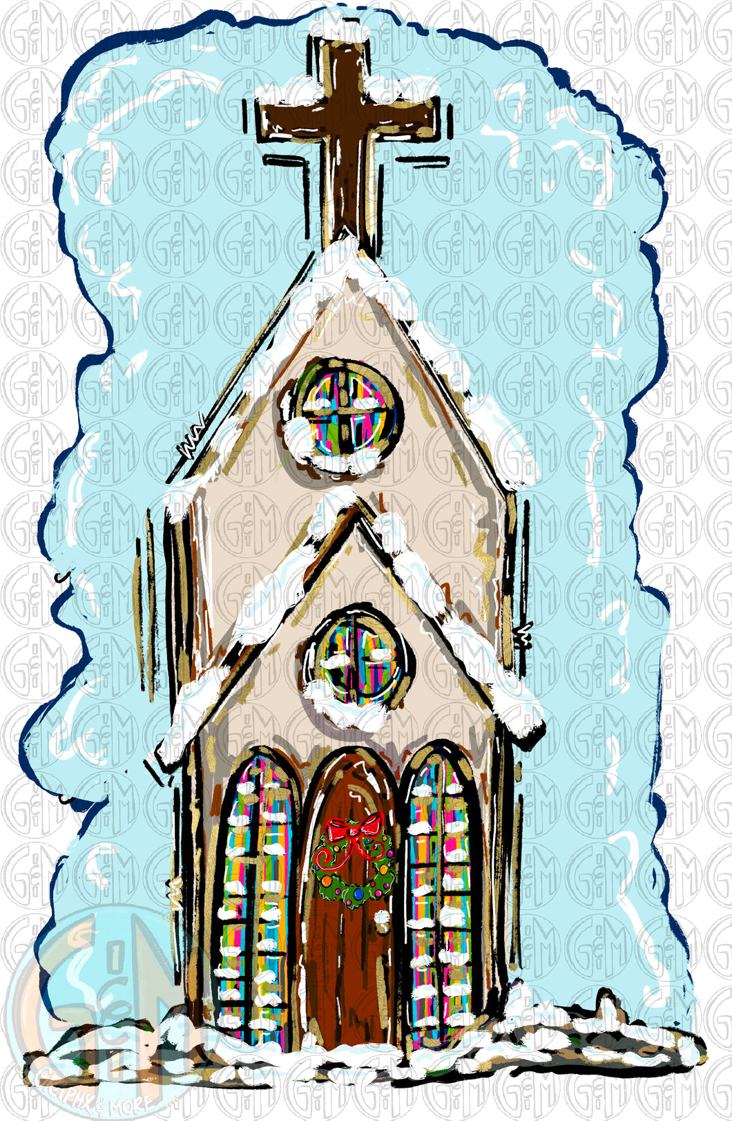 Christmas Church with background PNG | Sublimation Design | Hand Drawn