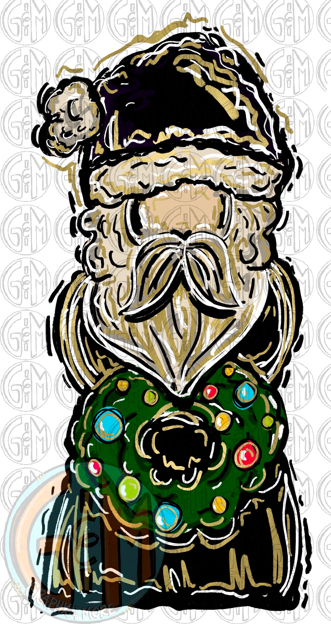 Santa in Black PNG | Sublimation Design | Hand Drawn