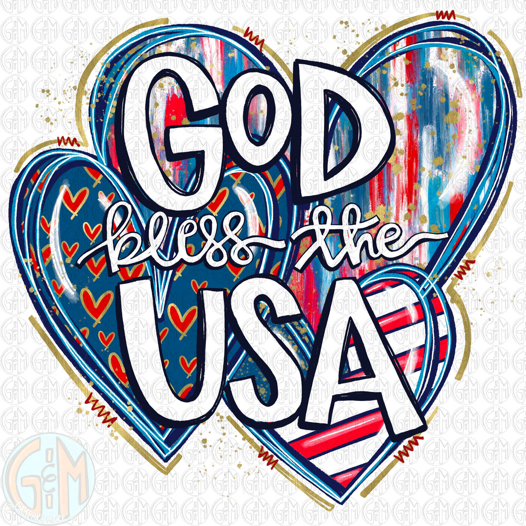 God Bless the USA Hearts PNG | Hand Drawn | Sublimation Design