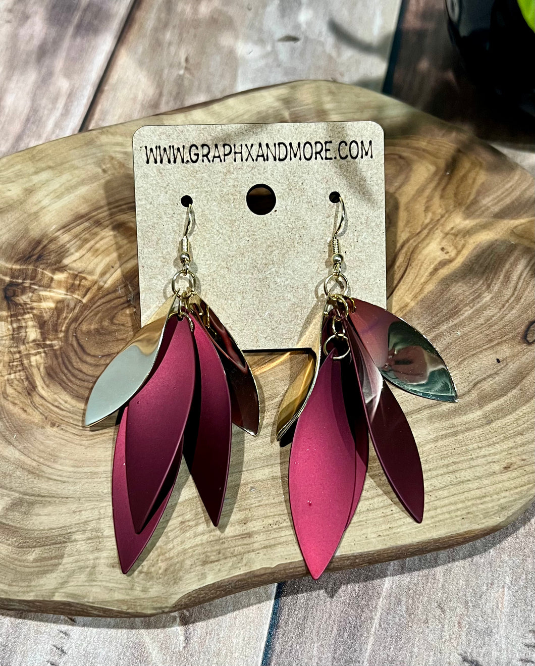 Multi Layer Maroon and Gold Dangle Earrings
