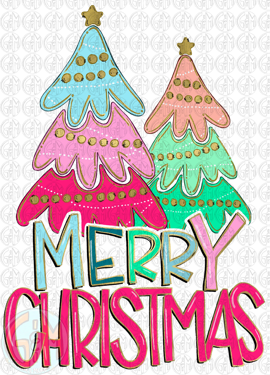 Merry Christmas Foil Trees PNG | Hand Drawn | Sublimation Design