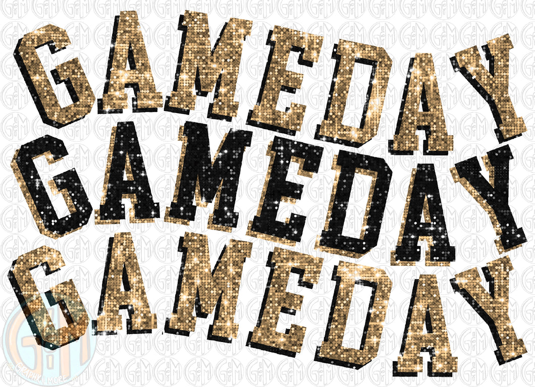 Glitter Gameday PNG | Black and Gold | Sublimation Design | Hand Drawn