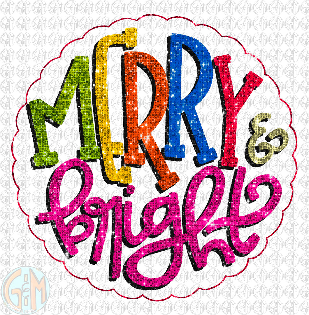Glitter Merry & Bright - No Background PNG | Sublimation Design | Hand Drawn