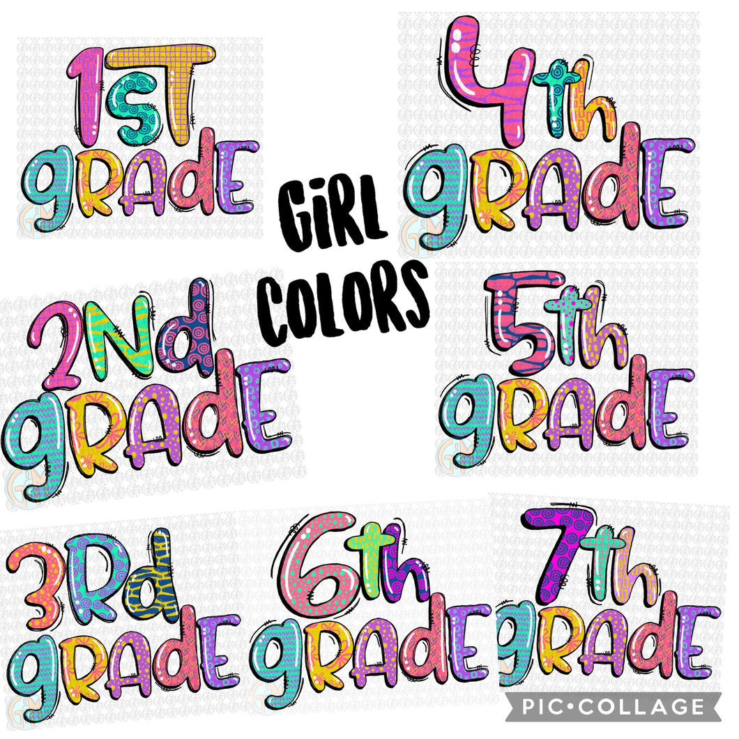 1st - 7th Grades Bundle PNG | Girl Colors | Sublimation Design | Hand Drawn