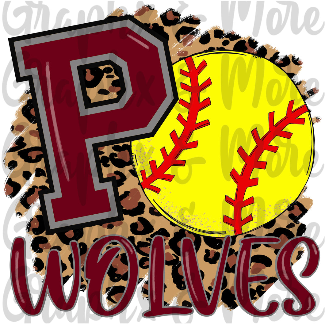 P Wolves Softball PNG | Maroon & Gray | Sublimation Design | Hand Drawn