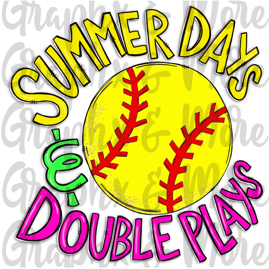 Softball Summer Days & Double Plays (Bright) PNG | Sublimation Design | Hand Drawn