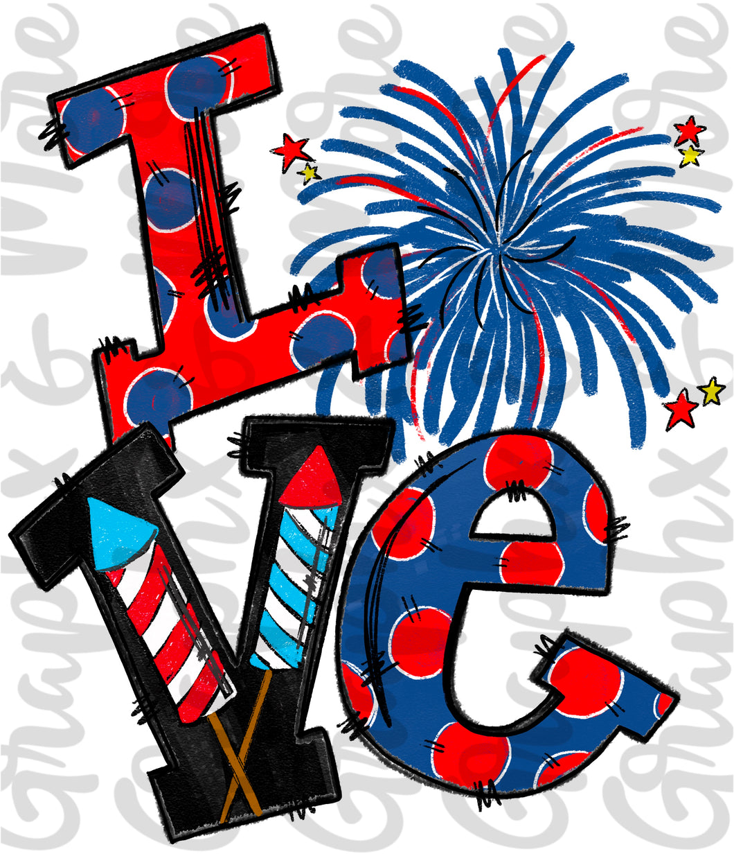 LOVE Fireworks PNG | Hand Drawn | Sublimation Design