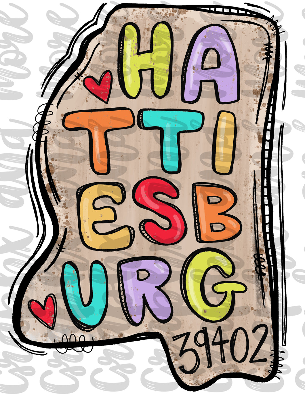 Hattiesburg MS 39402 PNG | Hand Drawn | Sublimation Design