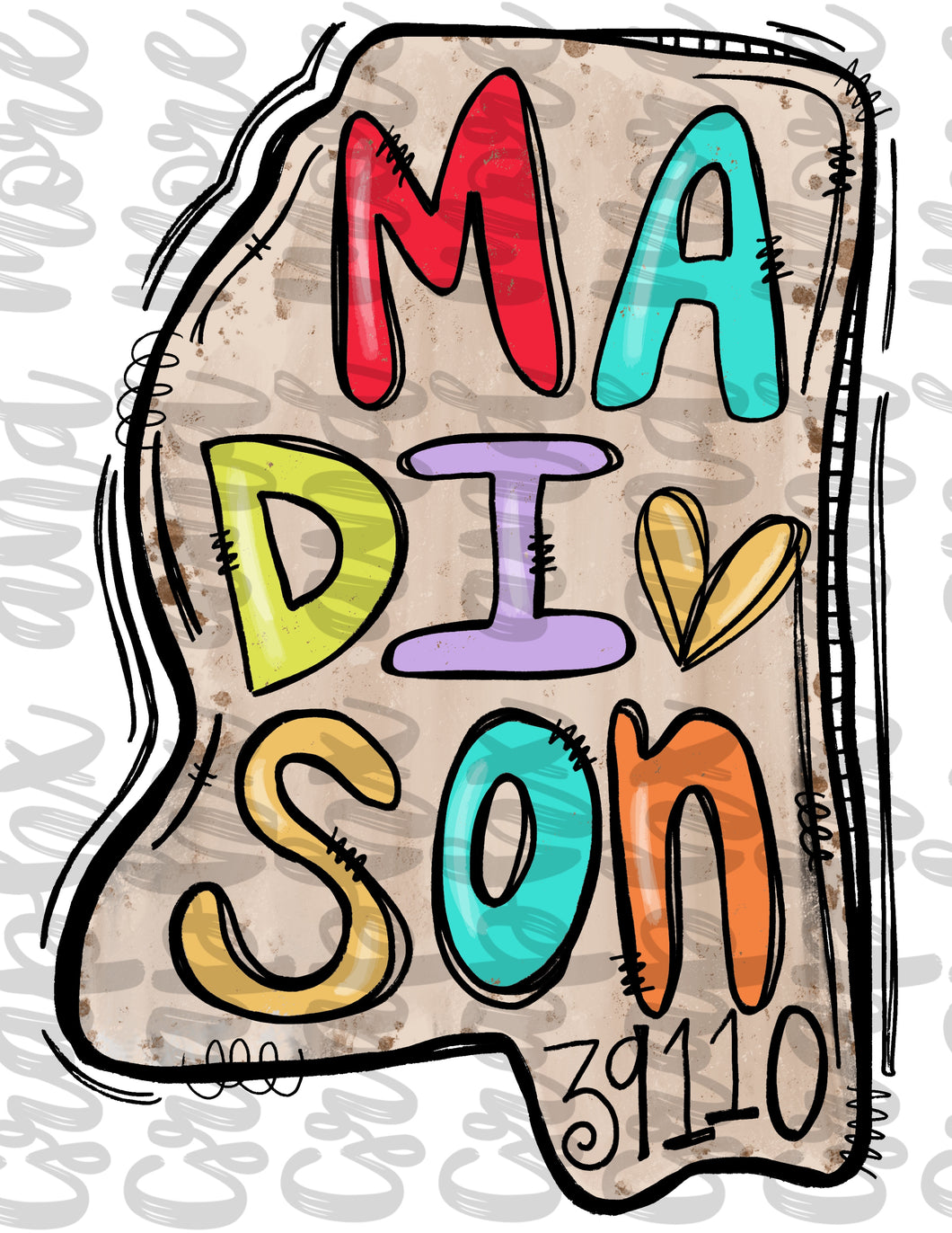 Madison MS 39110 State Shape PNG | Sublimation Design | Hand Drawn