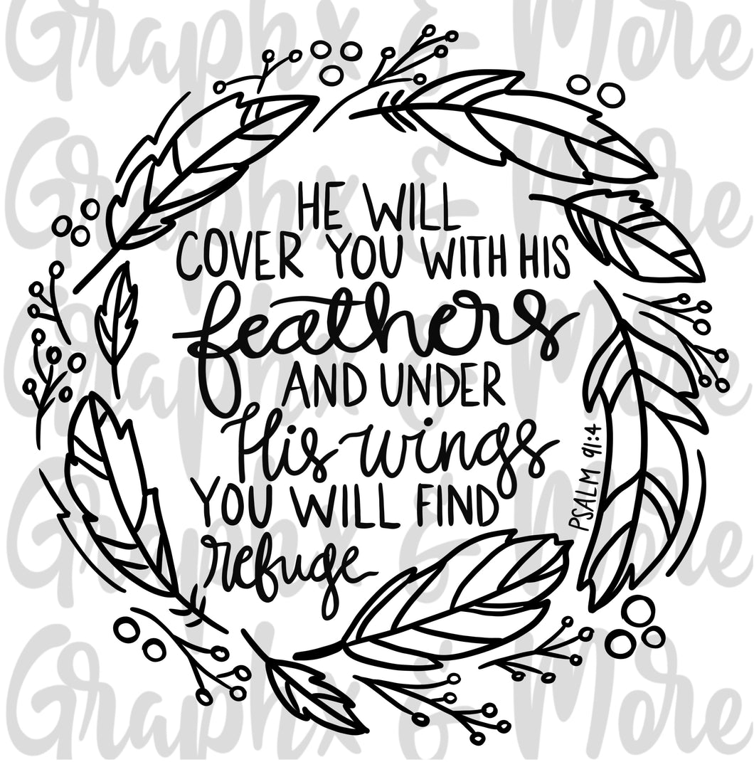 Single Color Feather Wreath PNG | Psalm 91:4 | Hand Drawn | Sublimation Design