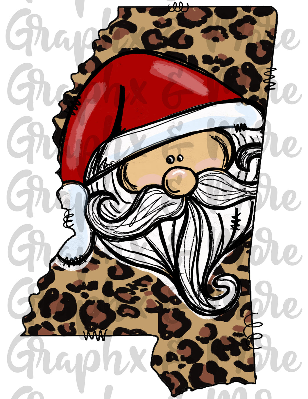 Mississippi Leopard Santa PNG | Sublimation Design | Hand Drawn