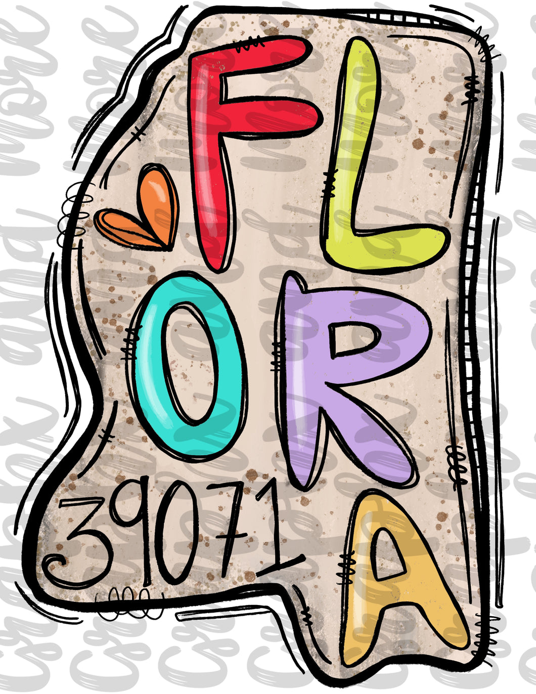Flora MS 39071 State Shape PNG | Sublimation Design | Hand Drawn