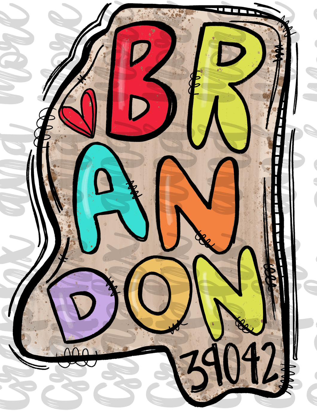 Brandon MS 39042 State Shape PNG | Sublimation Design | Hand Drawn