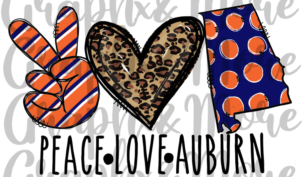 Peace Love Auburn PNG | Sublimation Design | Hand Drawn