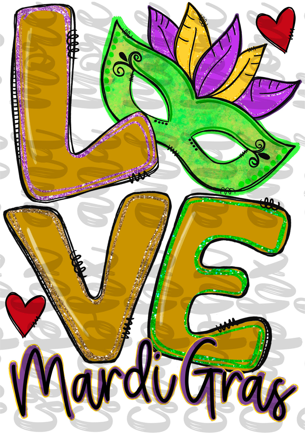 LOVE Mardi Gras PNG | Sublimation Design | Hand Drawn