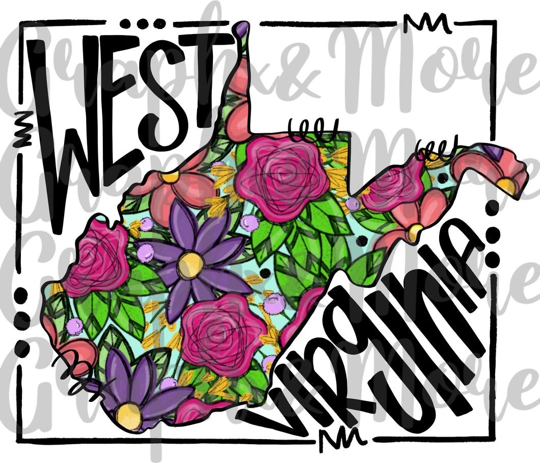 Bright Flowers West Virginia PNG | WV | Sublimation Design | Hand Drawn