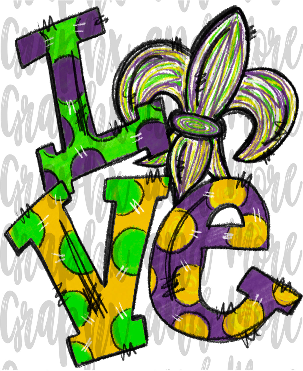 LOVE Mardi Gras PNG | Hand Drawn | Sublimation Design