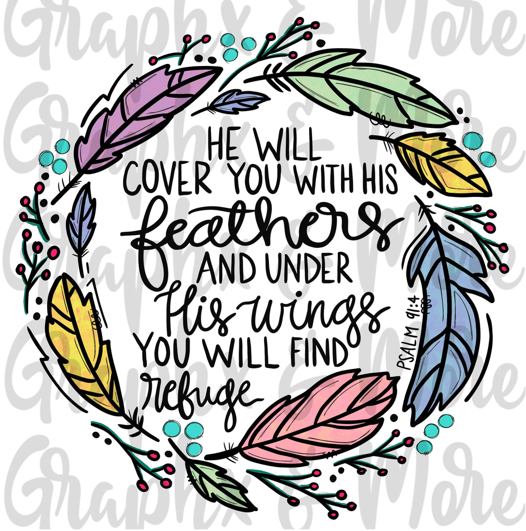 Feather Wreath PNG | Psalm 91:4 | Hand Drawn | Sublimation Design