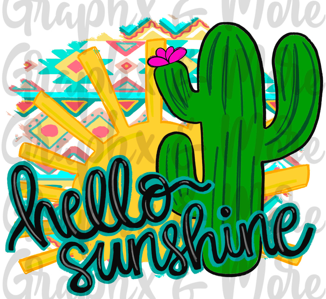 Cactus Hello Sunshine w/ Background PNG | Sublimation Design | Hand Drawn