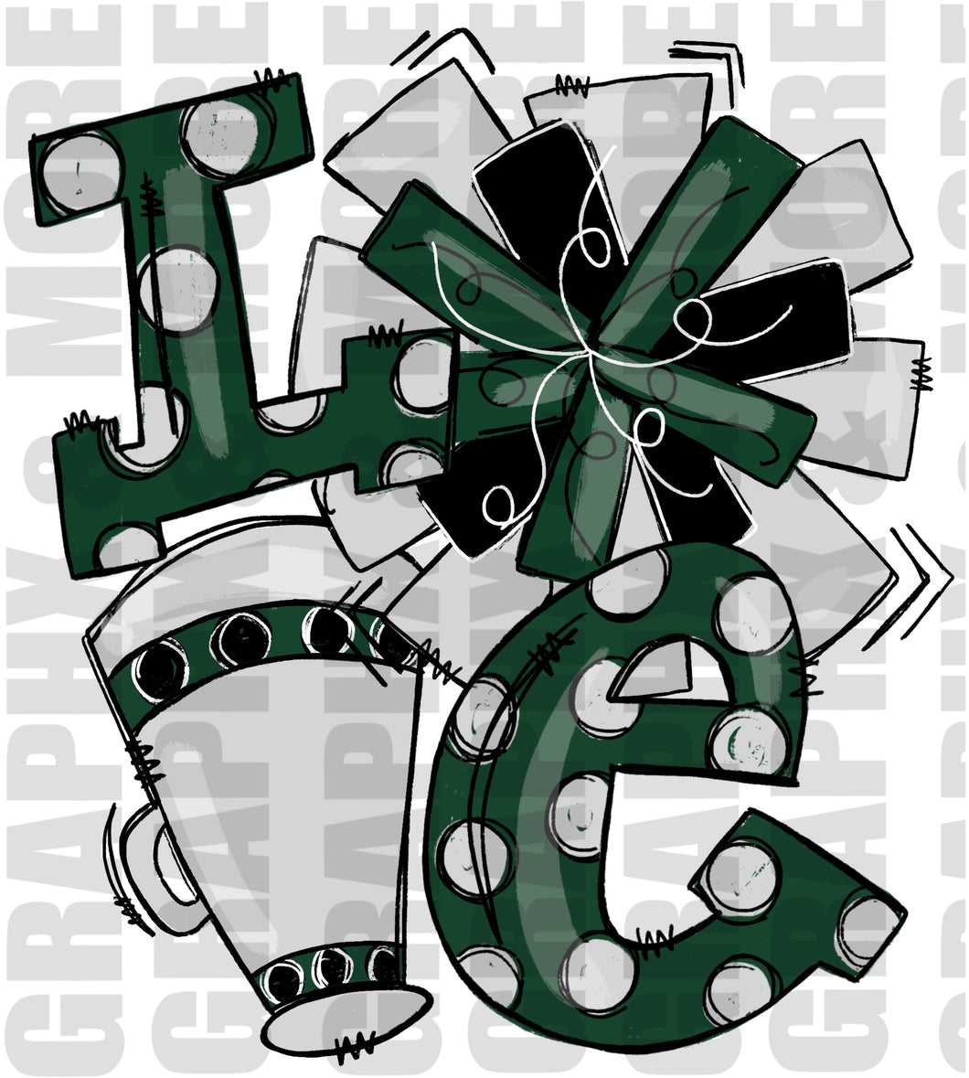 Love Cheerleading PNG | Green & Gray | Sublimation Design | Hand Drawn