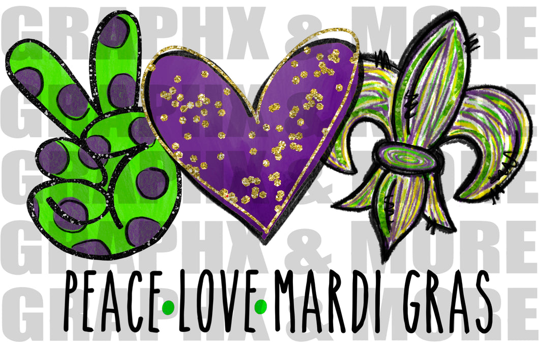 Peace Love Mardi Gras PNG | Sublimation Design | Hand Drawn