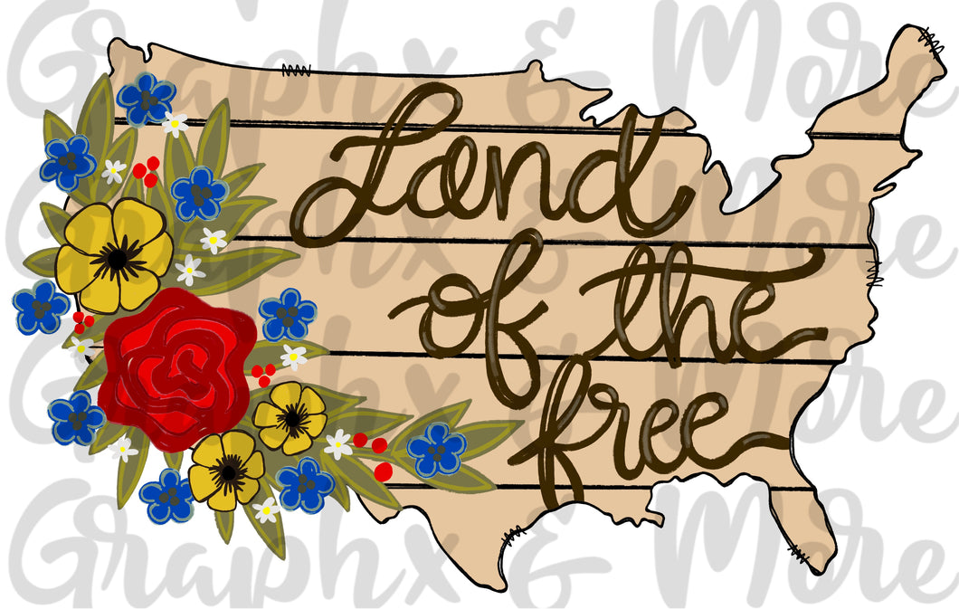 Floral Land of the Free PNG | Sublimation Design | Hand Drawn