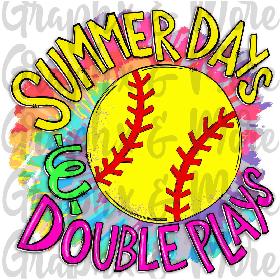 Softball Summer Days & Double Plays (Tie Dye) PNG | Sublimation Design | Hand Drawn