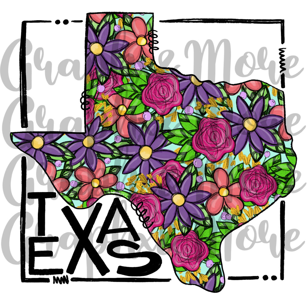 Bright Flowers Texas PNG | TX | Sublimation Design | Hand Drawn