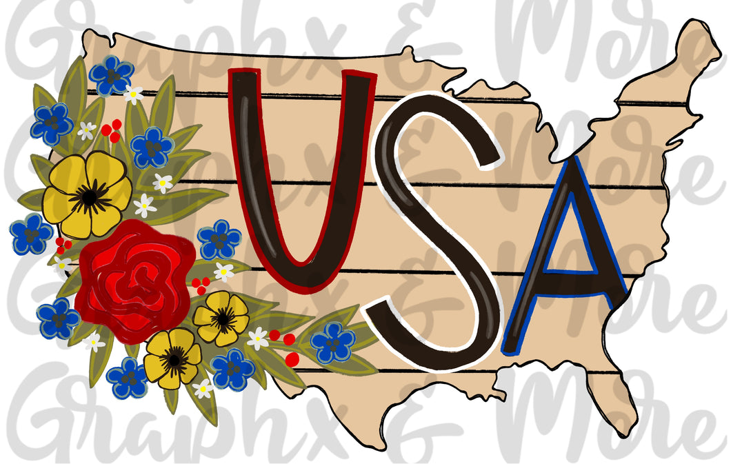 Floral USA PNG | Sublimation Design | Hand Drawn