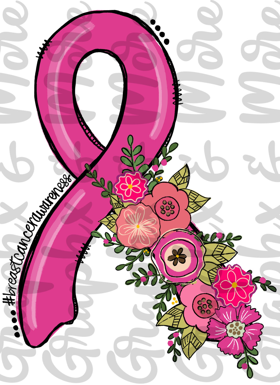 Breast Cancer Awareness Floral Ribbon PNG | Hand Drawn | Sublimation Design