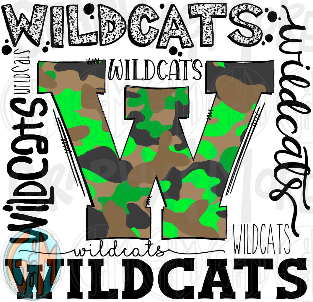 Camo Wildcats Collage PNG | Sublimation Design | Hand Drawn