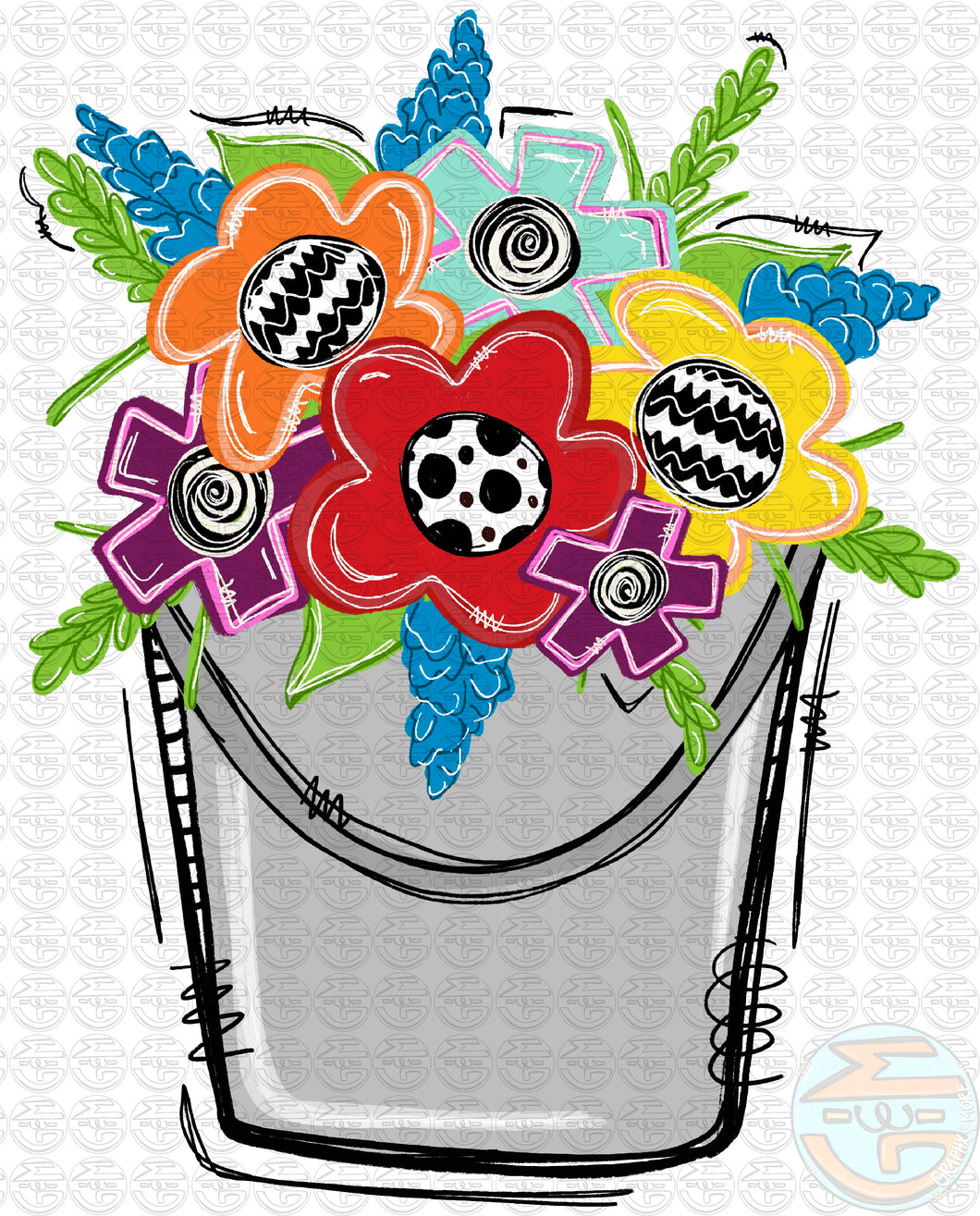 Bucket of Flowers PNG | Sublimation Design | Hand Drawn