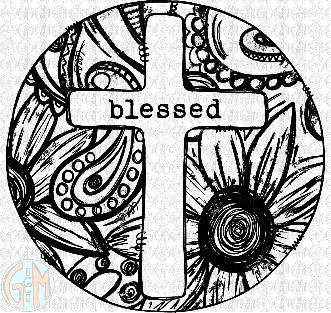 Single Color Springy Blessed Cross PNG | Sublimation Design | Hand Drawn