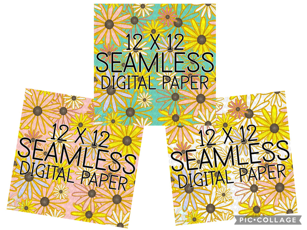 Seamless Daisies Digital Paper Bundle PNG | 12x12 | 3 Digitals | Sublimation Design | Hand Drawn