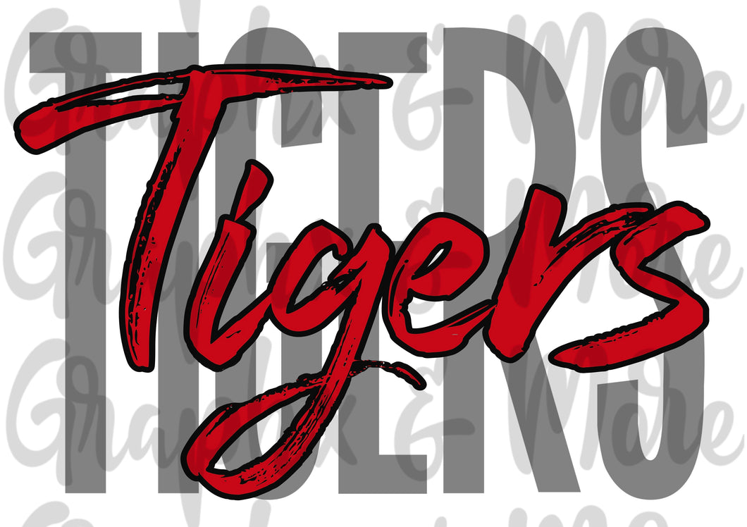 Tigers Duo PNG | Gray & Red | Sublimation Design | Hand Drawn
