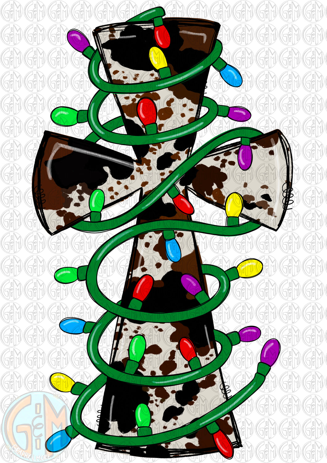 Cowhide Christmas Cross with Lights PNG | Sublimation Design | Hand Drawn