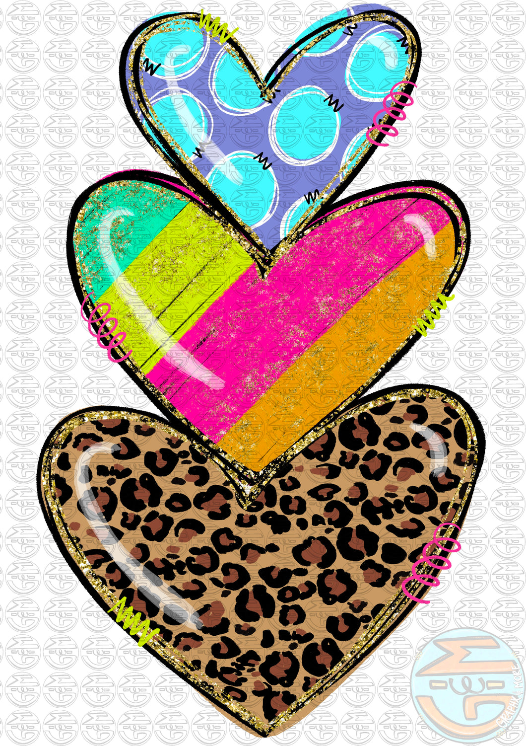 Stacked Heart Trio PNG | Hand Drawn | Sublimation Design