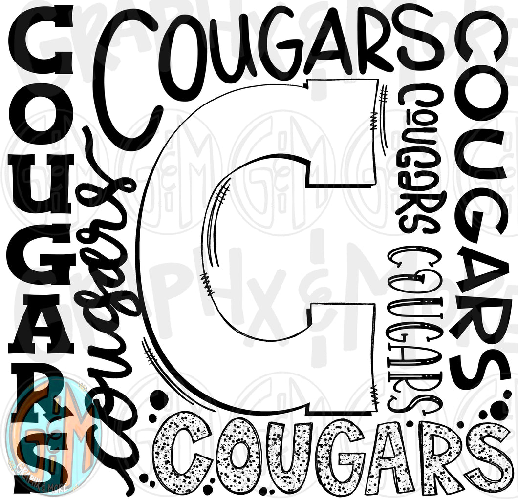 Single Color Cougars Collage PNG | Sublimation Design | Hand Drawn