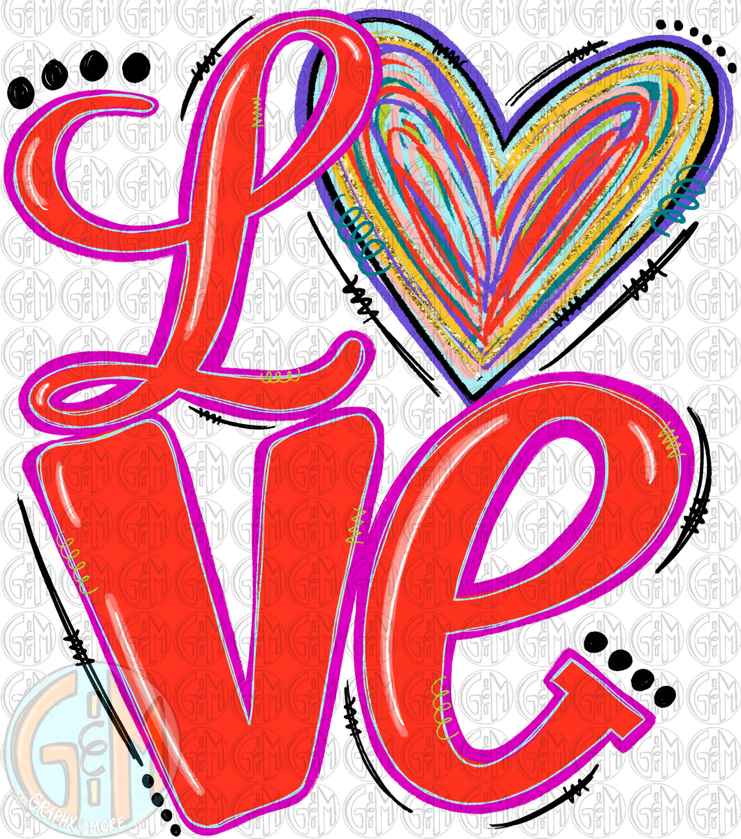 LOVE with Heart PNG | Hand Drawn | Sublimation Design