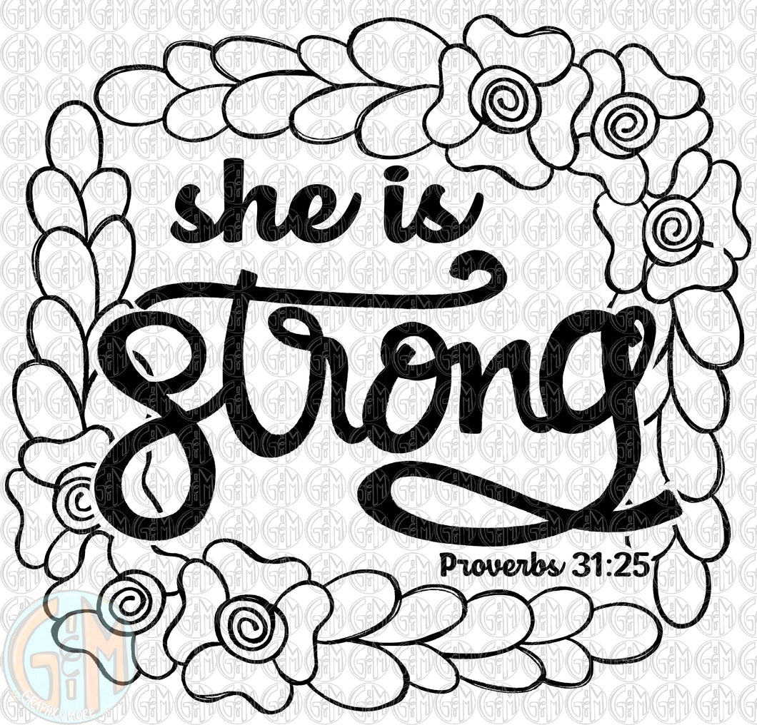 Single Color She is Strong PNG | Proverbs 31:25 | Sublimation Design | Hand Drawn