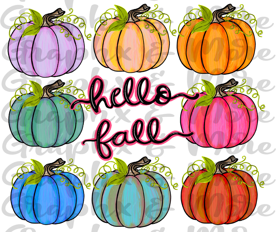 Hello Fall Pumpkins PNG | Sublimation Design | Hand Drawn