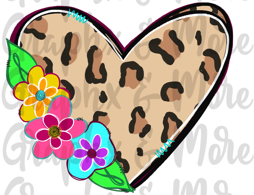 Leopard Floral Heart PNG | Hand Drawn | Sublimation Design