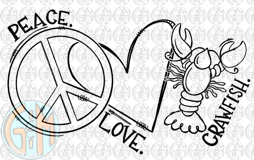 Single Color Peace Love Crawfish PNG | Sublimation Design | Hand Drawn