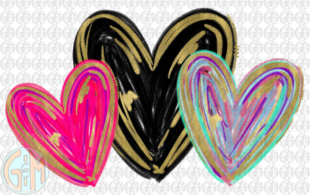 Foil Hearts Trio PNG | Hand Drawn | Sublimation Design