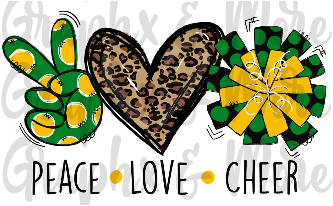 Peace Love Cheer PNG | Green & Gold | Sublimation Design | Hand Drawn